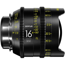 Cover photo for the DZOFilm Vespid Prime FF 16mm T2.8 PL/EF mount len, whichs is a cinema lens with a wide wide-angle perspective. An ideal lens for professionals.