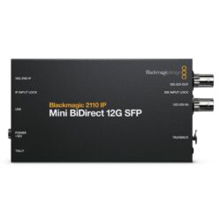 The Blackmagic 2110 IP Mini BiDirect 12G SFP is a converter built to connect broadcast cameras with SDI connections to SMPTE-2110 IP video systems.